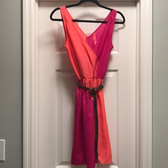 Eight Sixty Pink and Orange Belted Striped Dress - Picture 1 of 7